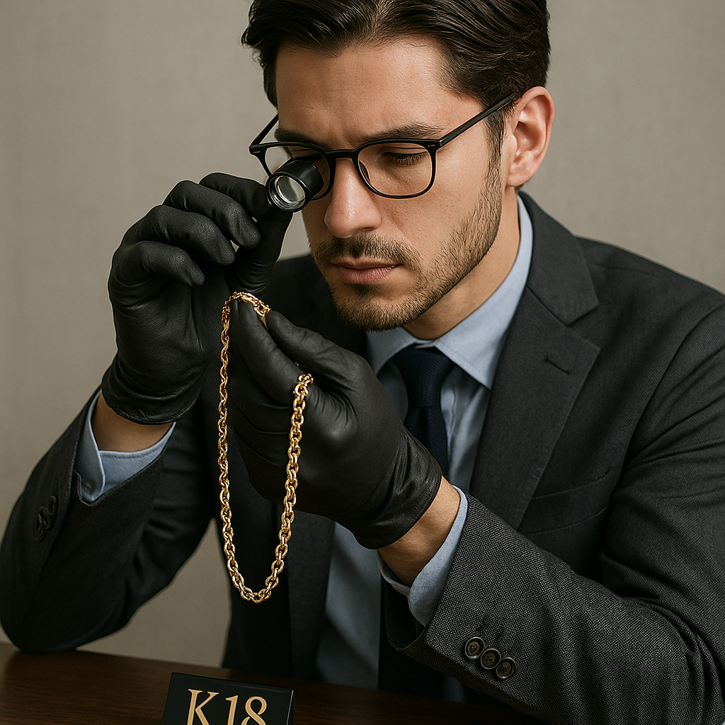 ウォッチニアンの専門鑑定士がK18ジュエリーを丁寧に鑑定している様子