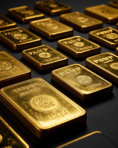 様々なブランドとサイズの金インゴット(延べ棒)のイメージ