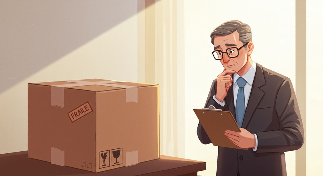 宅配便の箱と、鑑定士が訪問しているイメージのイラスト