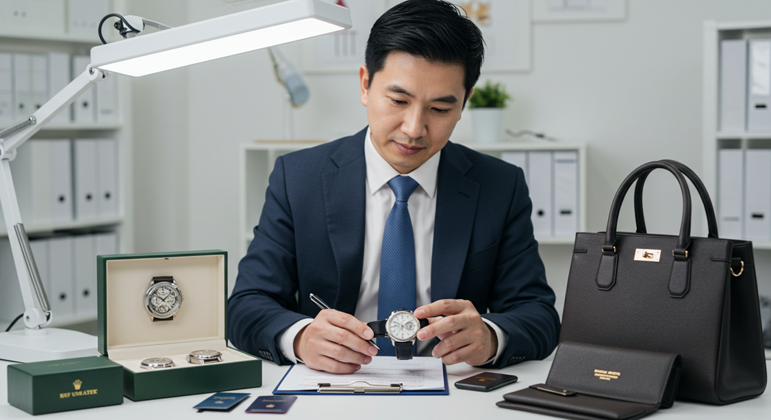 査定基準（ブランド、状態、相場、付属品）を示す図