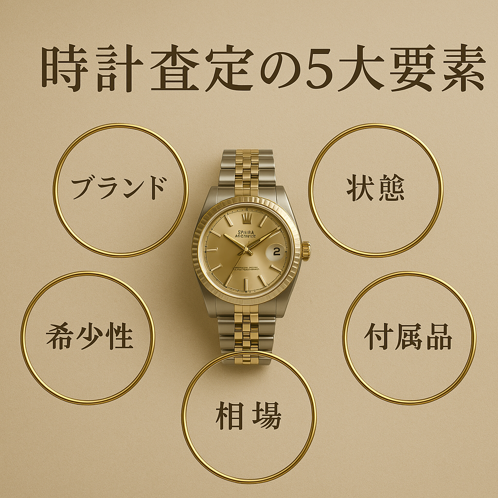 時計査定の5大要素（ブランド、状態、付属品、相場、希少性）を示すインフォグラフィック