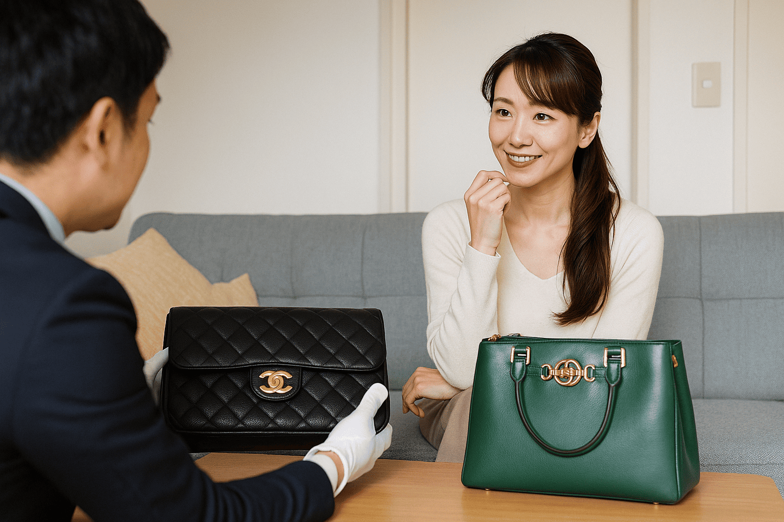 鑑定士が自宅でブランド品を査定しているイメージ